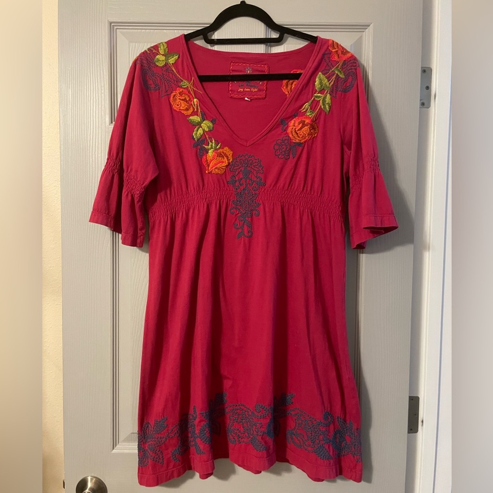 Johnny Was Pink Dress with Floral Embroidery